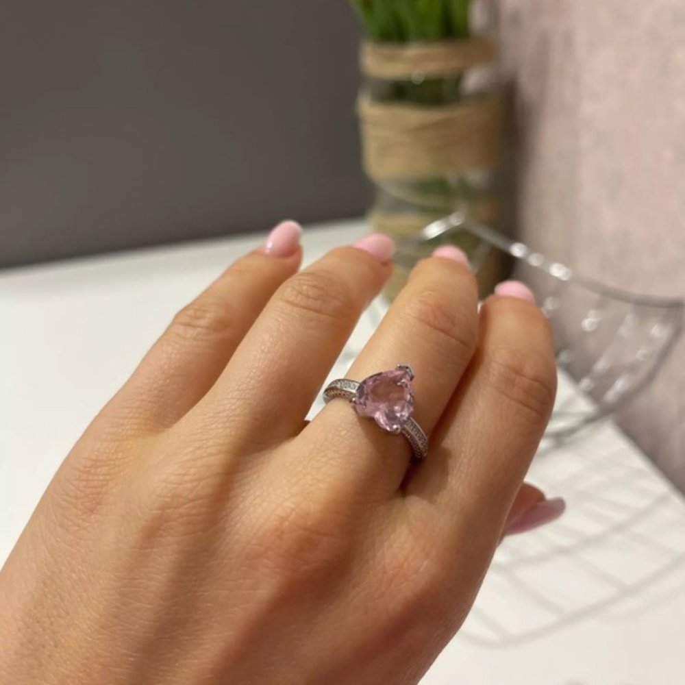 New Trendy Heart Shape Zircon Wedding Rings For Women Romantic Pink Engagement - Picture 4 of 4